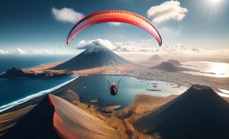 5 misconceptions tandem paragliding tandem paraglider over volcano and ocean coast